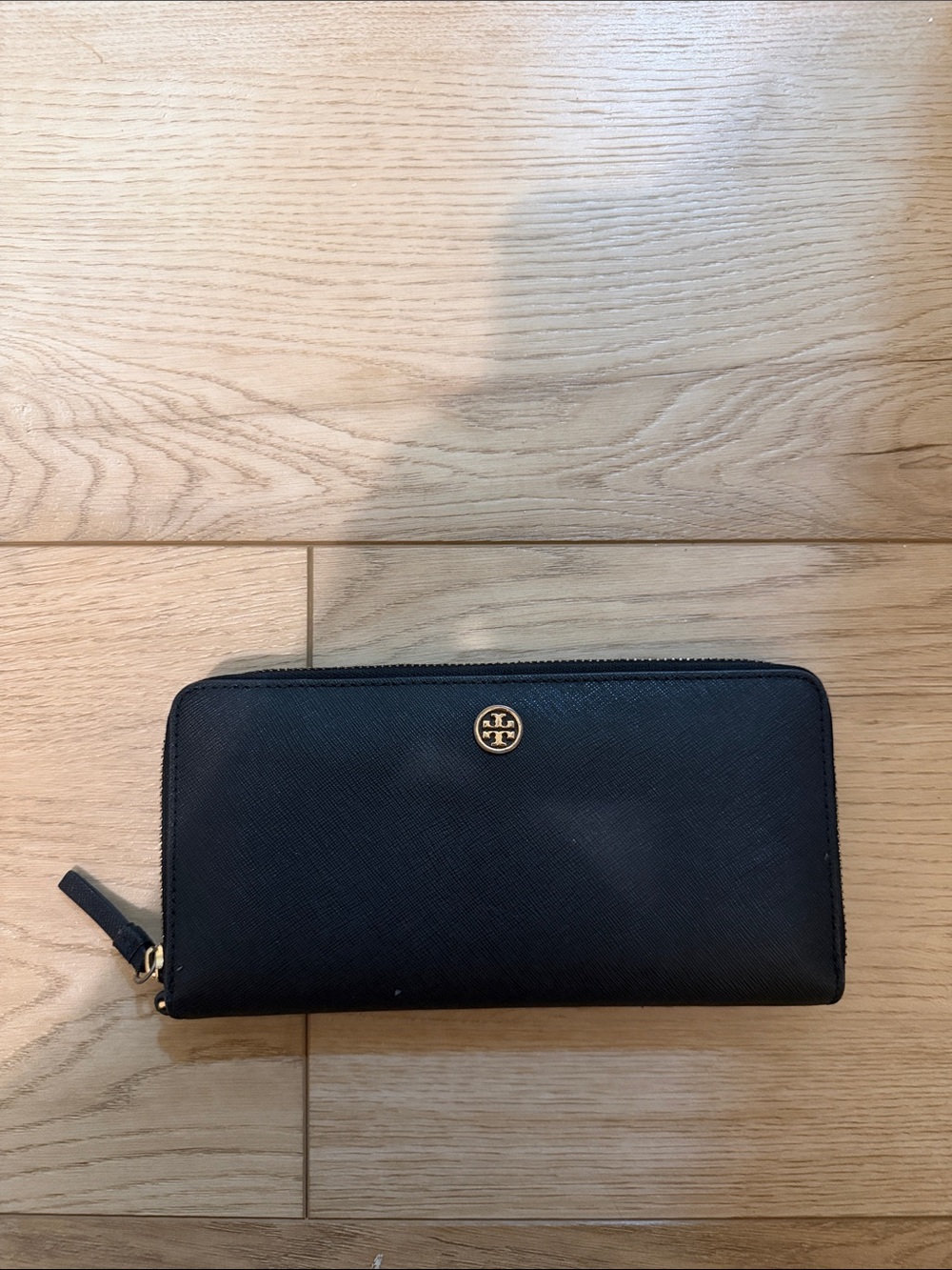 Tory Burch Black Zip-Around Continental Wallet with Gold Logo